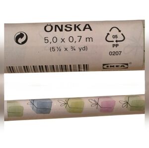 ÖNSKA wrapping paper from IKEA.  In a multi colored with white background in a c